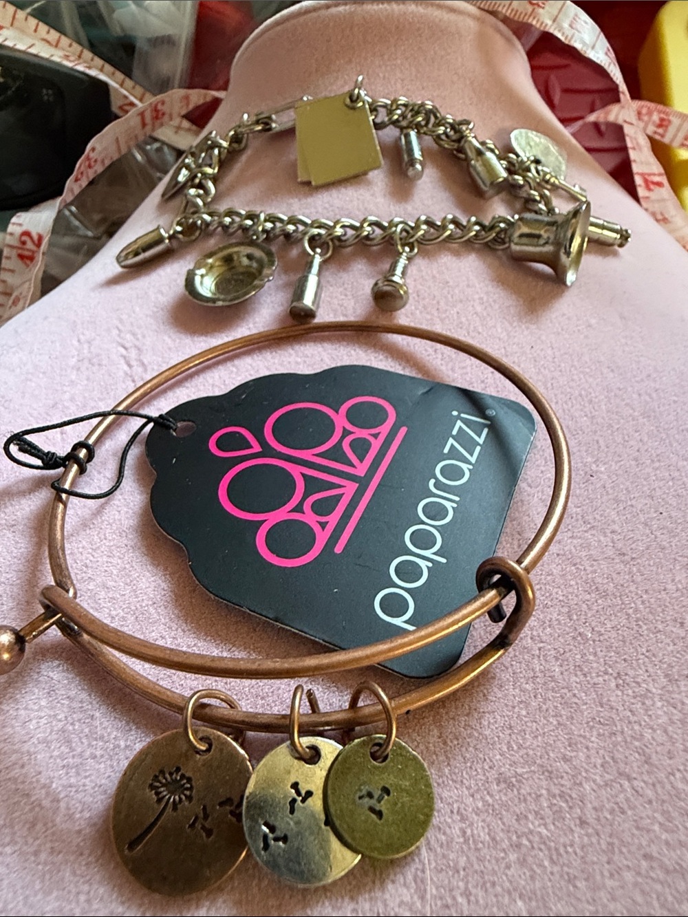 paparazzi copper-tone dangle charm bangle & Silver Tone Charm Bracelet (J0295)